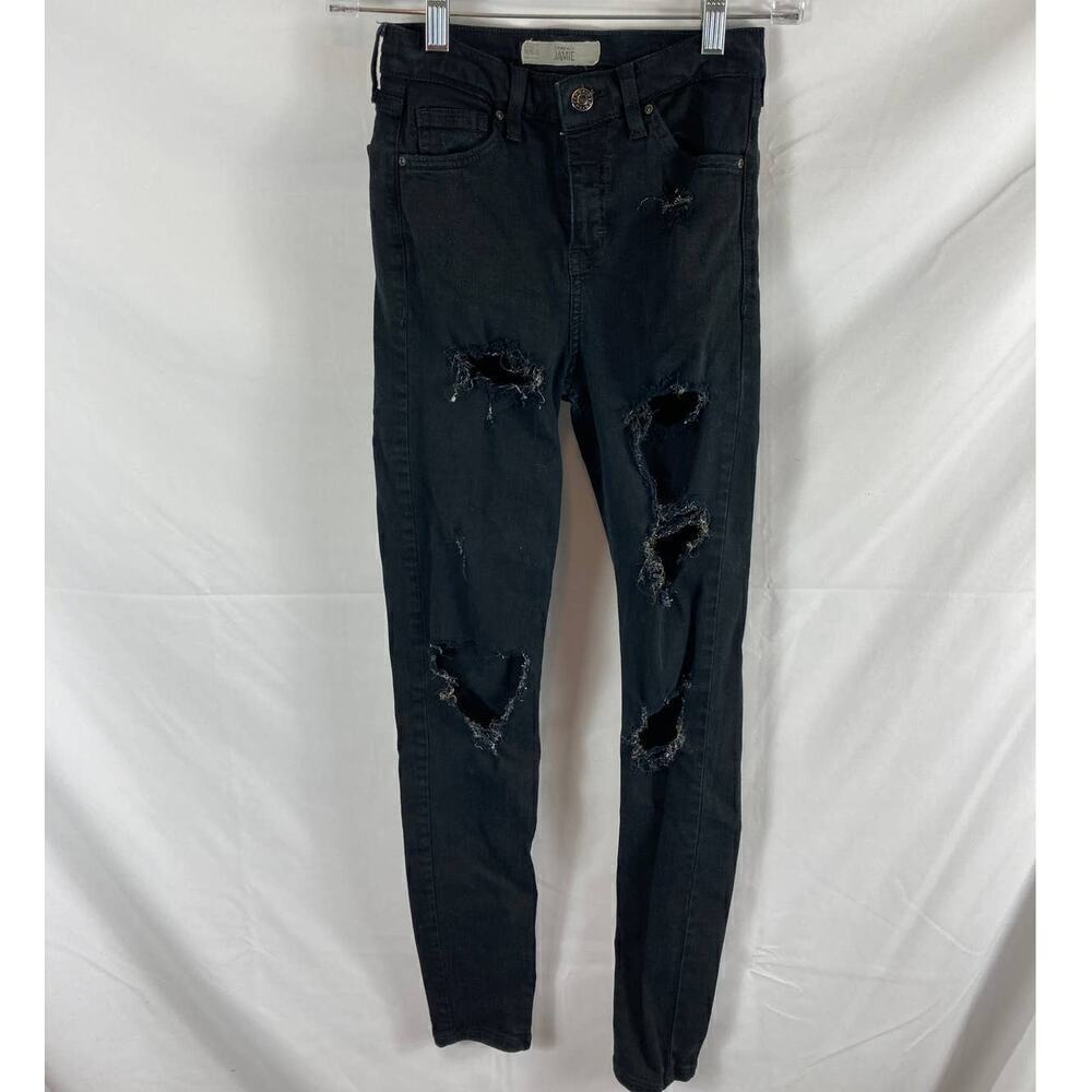 Topshop Jamie Moto Distressed black skinny jean size w26 L32